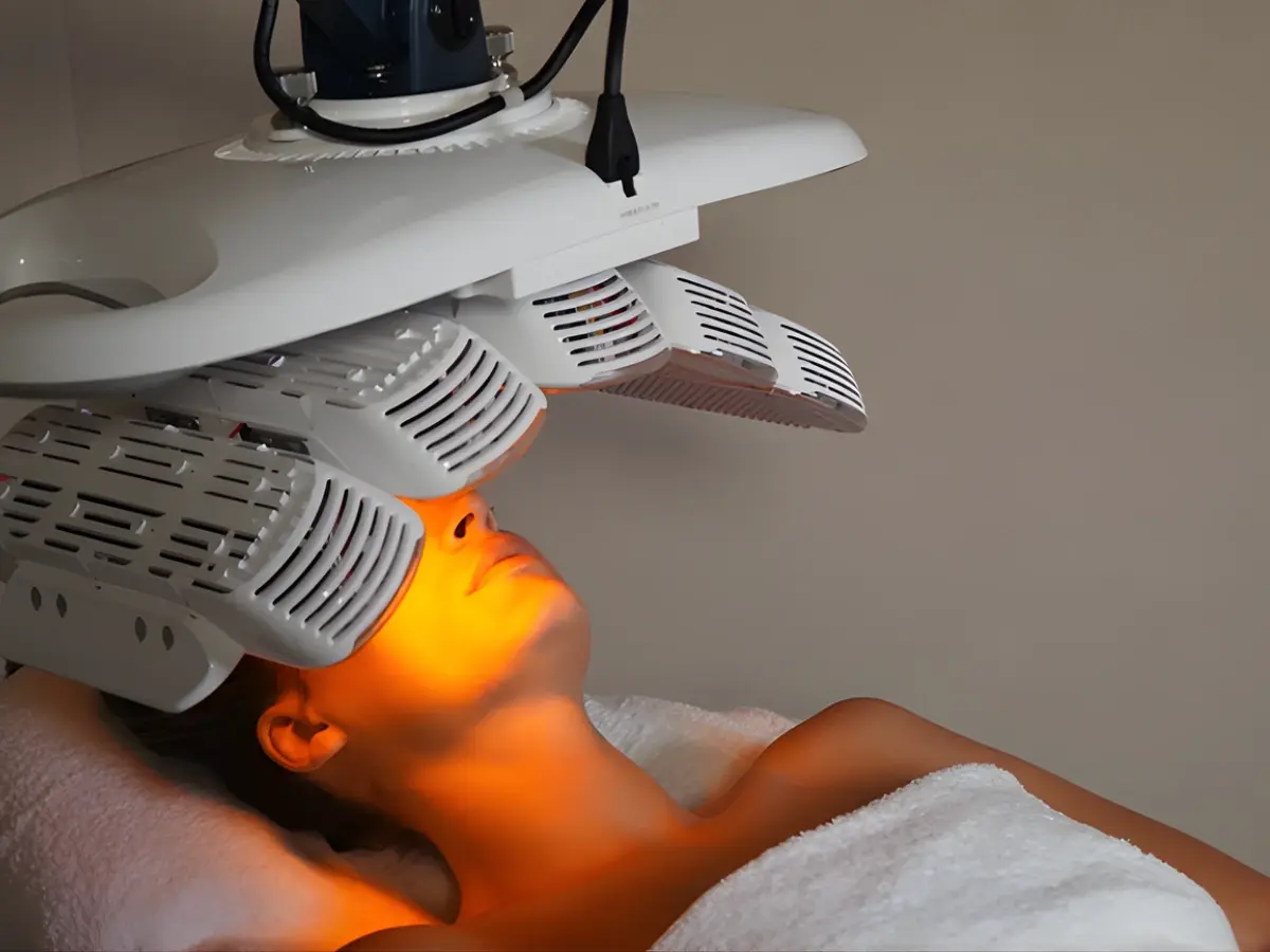 Person receiving LED light therapy facial treatment under a Healite II device at a spa clinic.